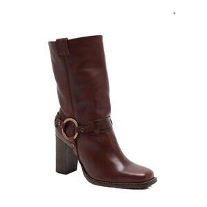 Brand New Free People Brown Leather Mid-Calf Heeled Boots
